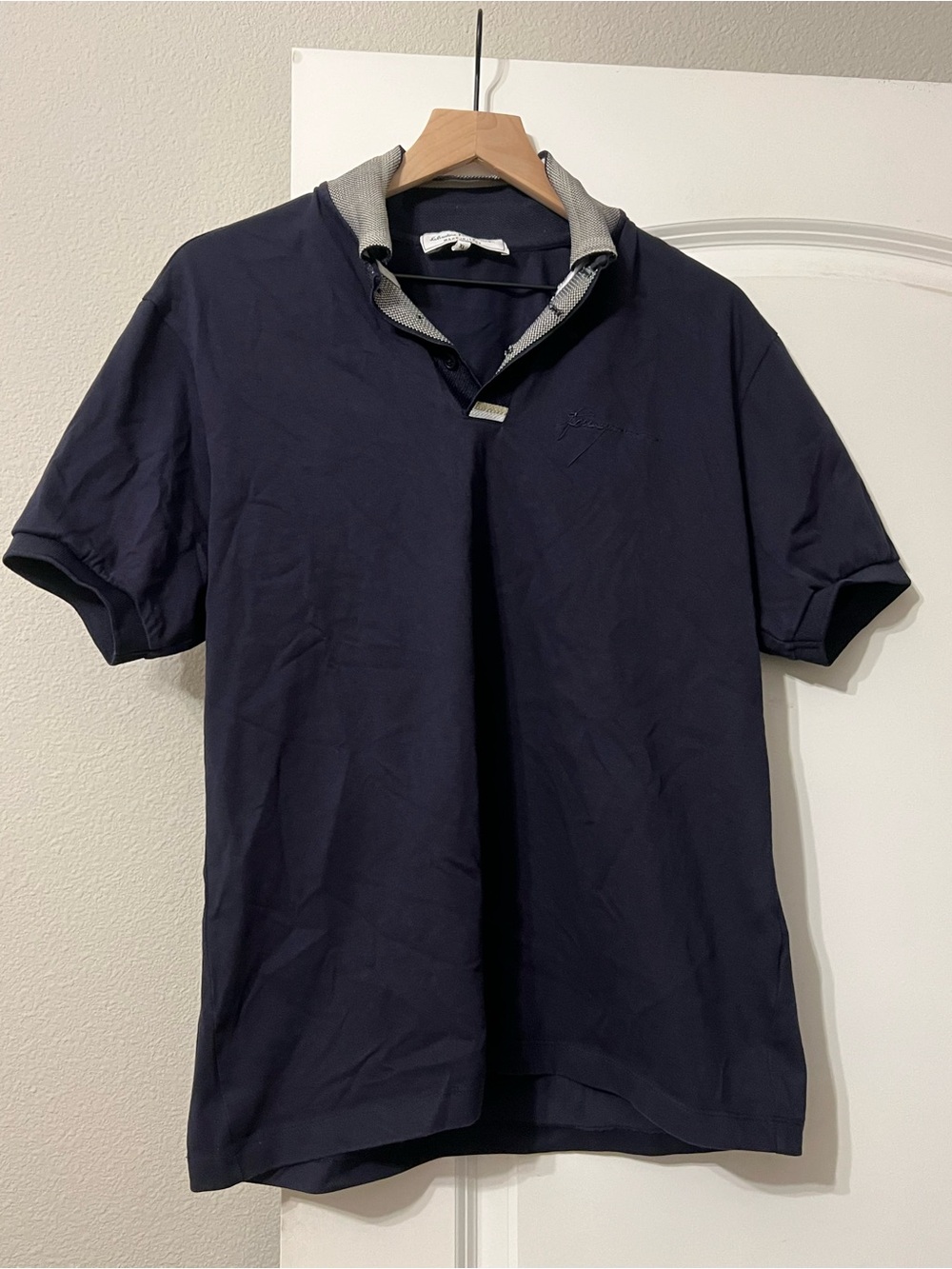 Salvatore Ferragamo Navy Polo Shirt with Grey Contrast Collar